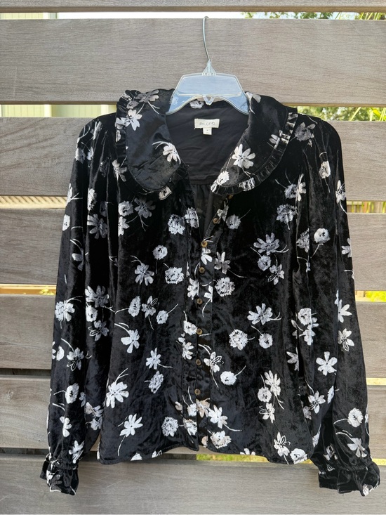 Pilcro Tops - Pilcro Anthropologie Black Floral Velvet Ruffle Collar Blouse Medium